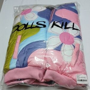 Dolls Kill Delia's Floral Colorblock Cropped Puffer Jacket w/ Fur-Trim Hood XXL
